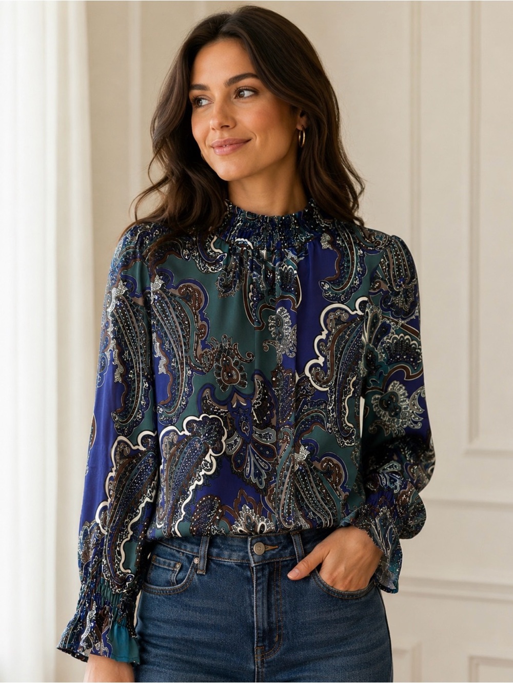 Ming Wang Navy and Teal Paisley Smocked-Neck Blouse Medium NWT $195